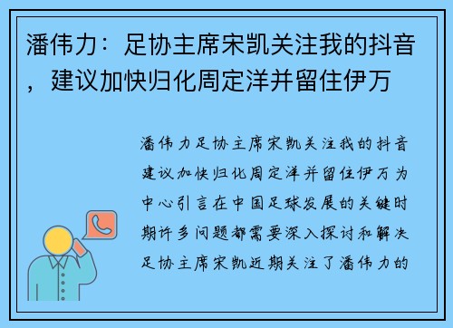 潘伟力：足协主席宋凯关注我的抖音，建议加快归化周定洋并留住伊万