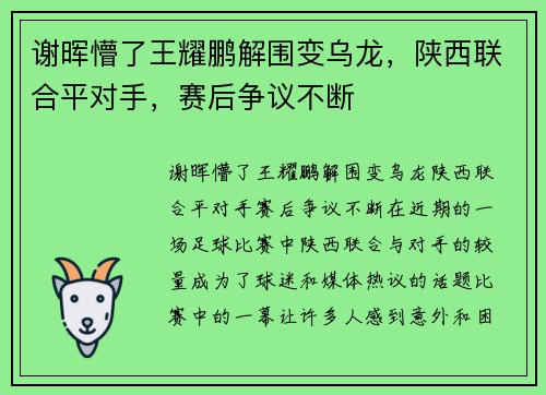 谢晖懵了王耀鹏解围变乌龙，陕西联合平对手，赛后争议不断