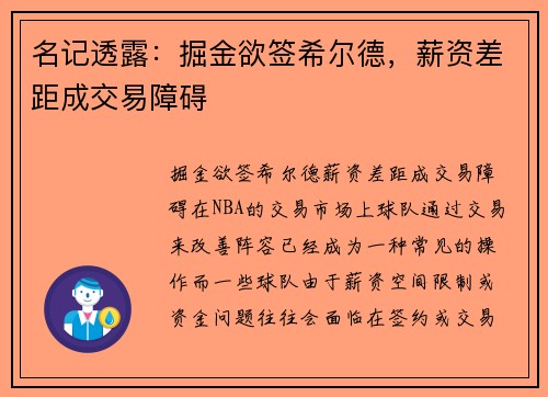 名记透露：掘金欲签希尔德，薪资差距成交易障碍